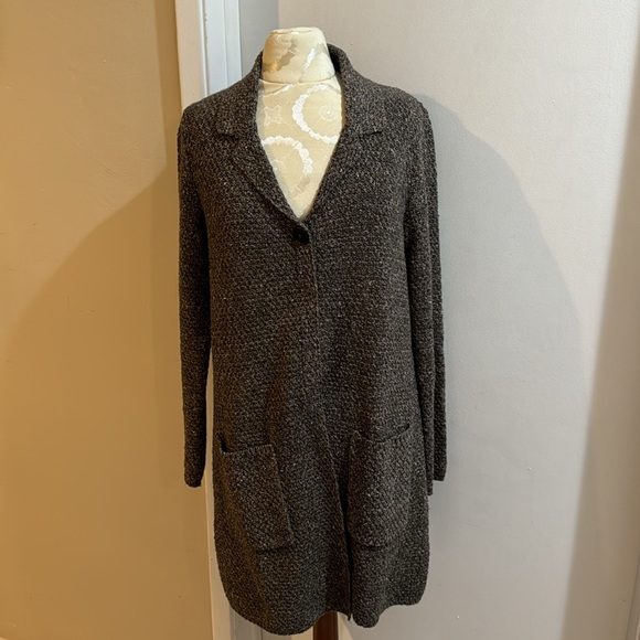 J. Jill Long Cardigan Soft Brown Tweed 1 Button Hidden Snap Close Pockets Size S - Picture 2 of 13